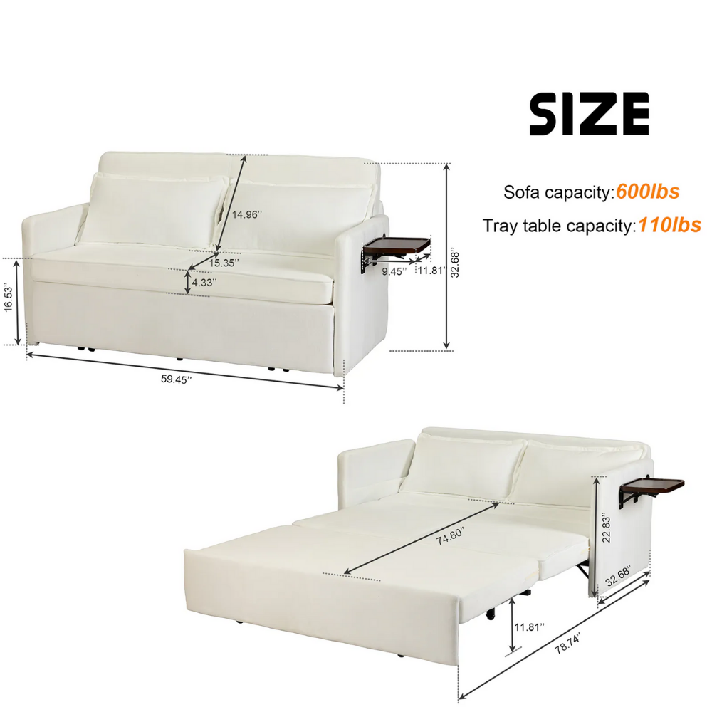 Fabric Upholstered 2-Seater Sofa Bed with Pull-Out Sleeper & Tray Table-7