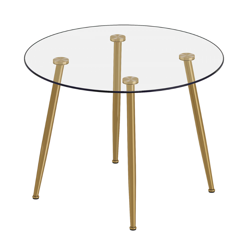 Modern round glass dining table with 39.7″ tempered glass top and slanted metal legs in silver or gold, minimalist space‑saving design, easy to clean.