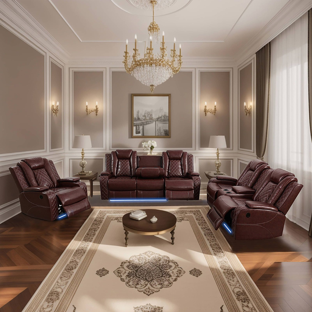 Breathing Leather 3-Piece Living Room Recliner Sofa Set