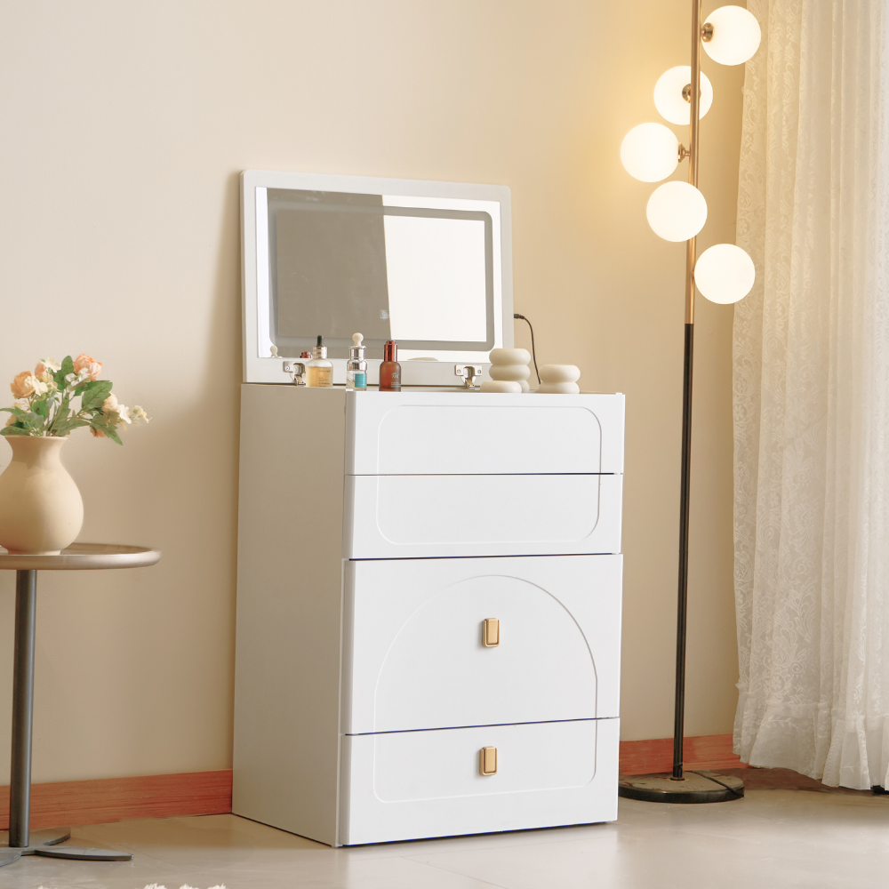 White Cream Style Lift-Top Vanity Table with Drawer Stool for Small Spaces-8