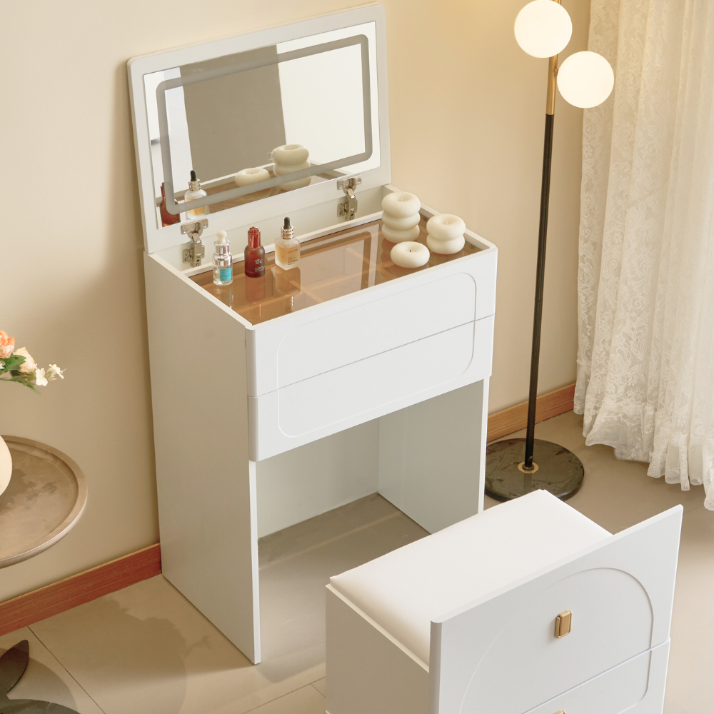 White Cream Style Lift-Top Vanity Table with Drawer Stool for Small Spaces-9