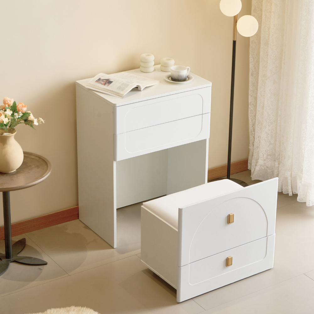 White Cream Style Lift-Top Vanity Table with Drawer Stool for Small Spaces-10