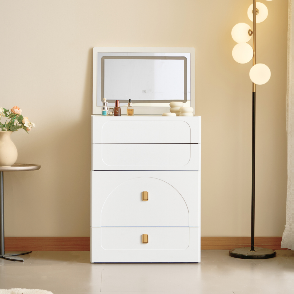 White Cream Style Lift-Top Vanity Table with Drawer Stool for Small Spaces-1