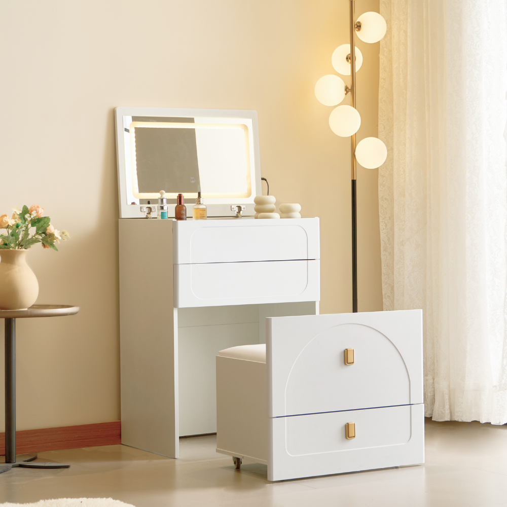 White Cream Style Lift-Top Vanity Table with Drawer Stool for Small Spaces-2
