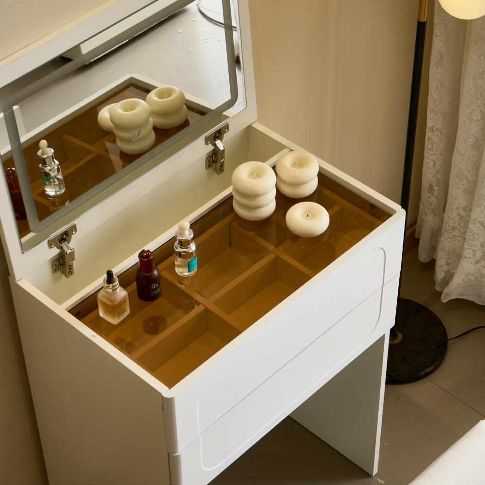 White Cream Style Lift-Top Vanity Table with Drawer Stool for Small Spaces-3