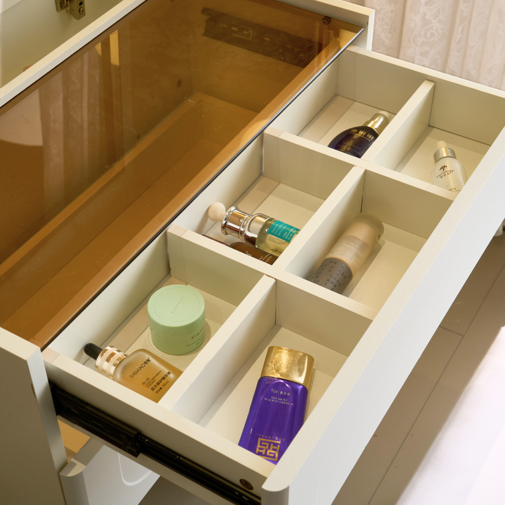 White Cream Style Lift-Top Vanity Table with Drawer Stool for Small Spaces-4