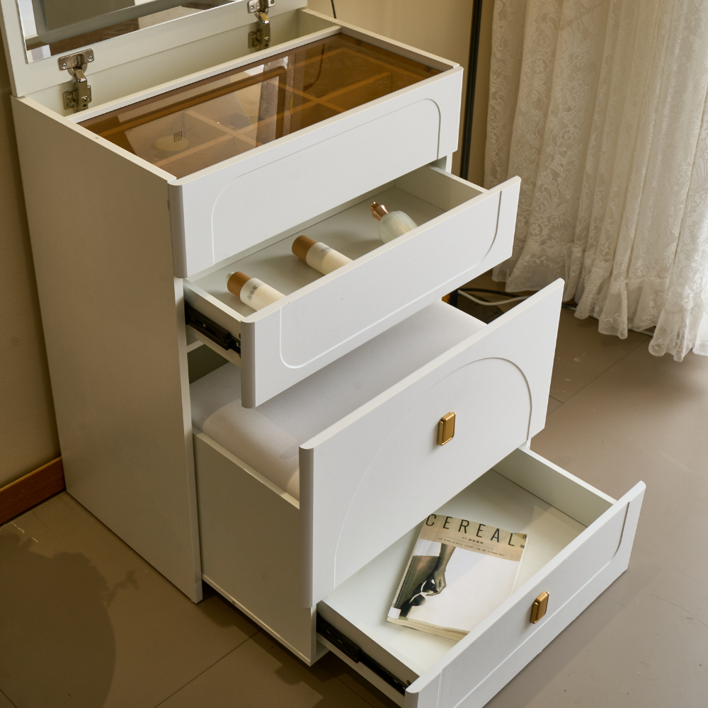 White Cream Style Lift-Top Vanity Table with Drawer Stool for Small Spaces-6