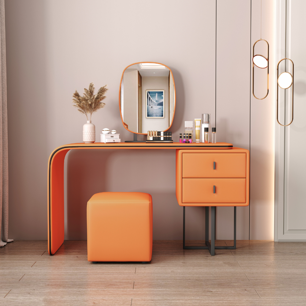 Elegant handleless oval mirror vanity dressing table with soft tones and curved edges, available in multiple sizes and colors for bedroom or closet.