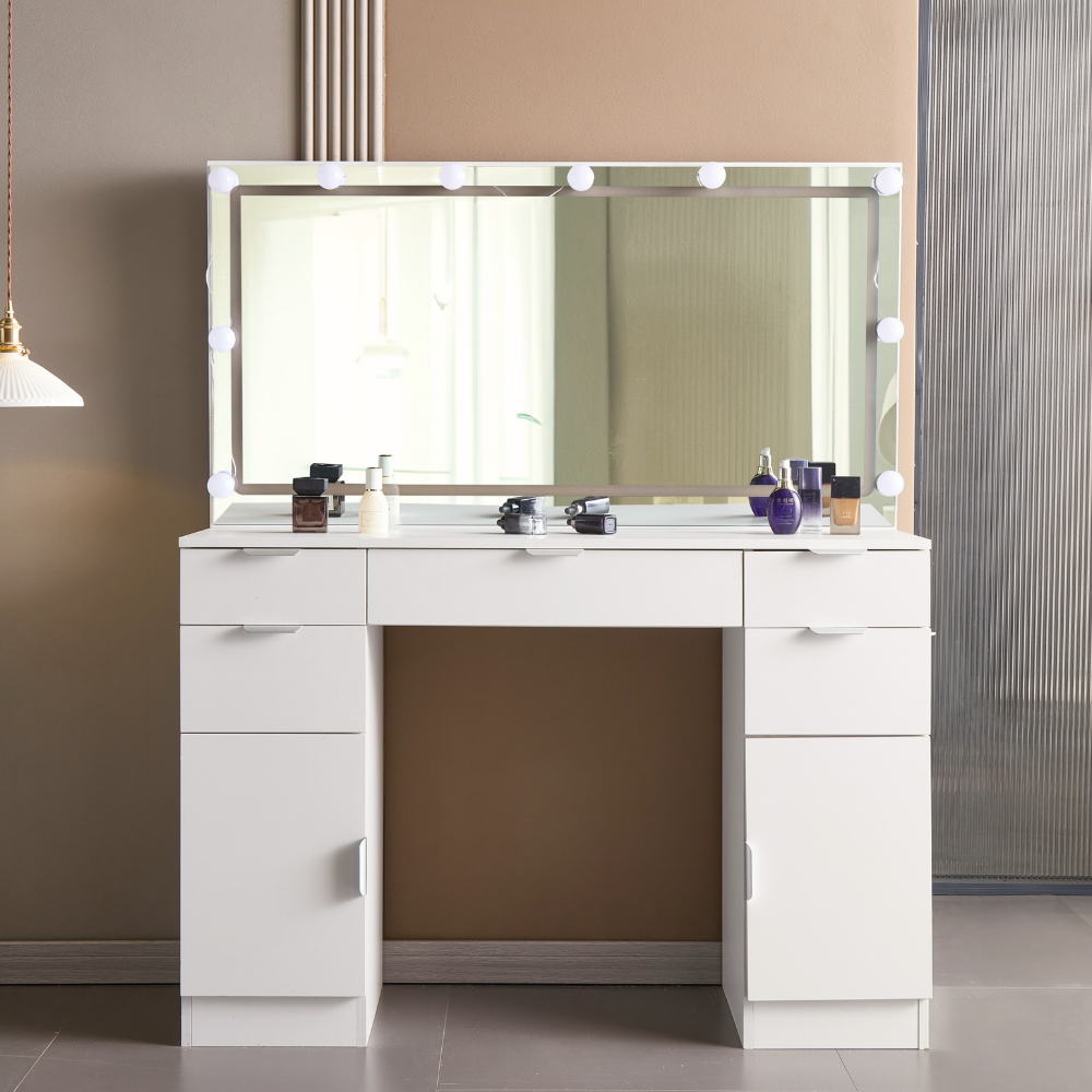 Vintage Style Vanity Table with Bulb Mirror and Storage-1