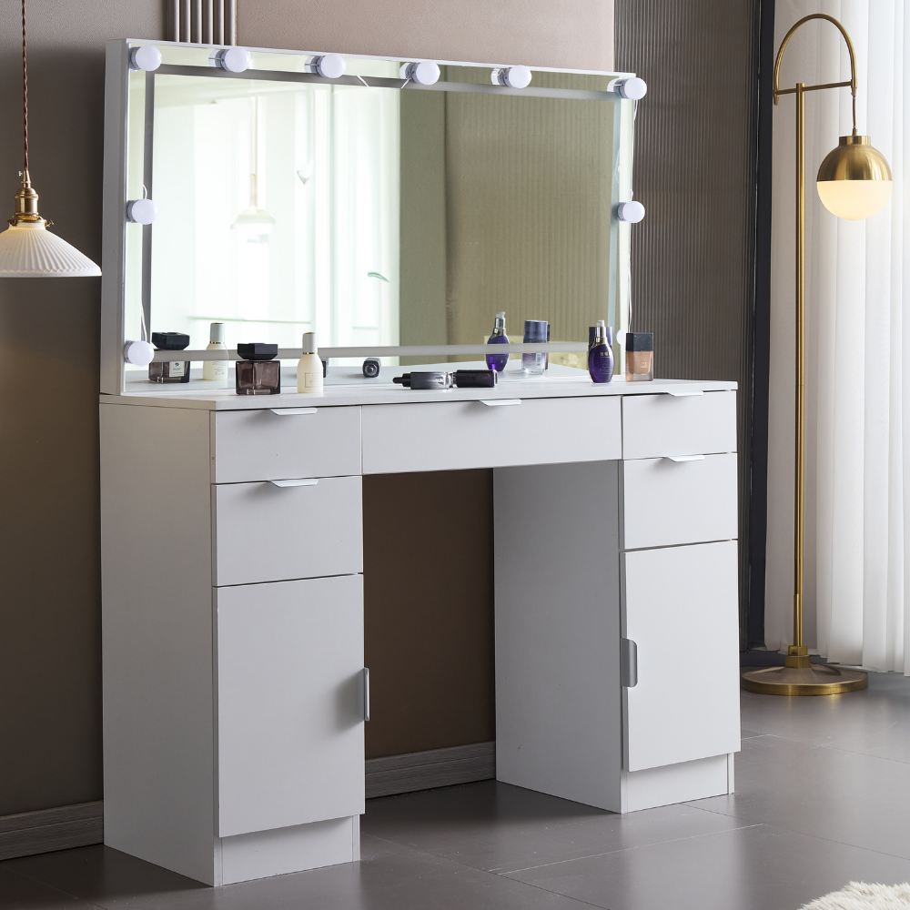 Vintage Style Vanity Table with Bulb Mirror and Storage-2