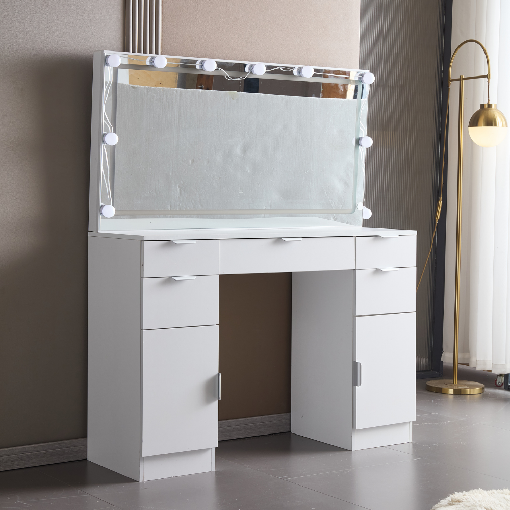 Vintage Style Vanity Table with Bulb Mirror and Storage-3
