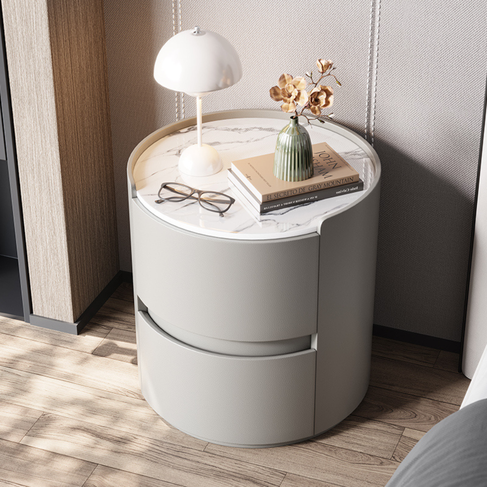 Japandi & Minimalist Style MarbleTop Round Two-Drawer Nightstand-2