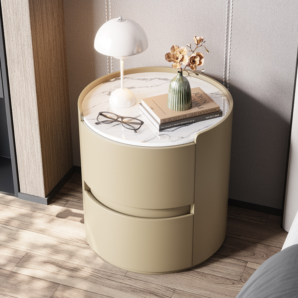 Japandi & Minimalist Style MarbleTop Round Two-Drawer Nightstand-3