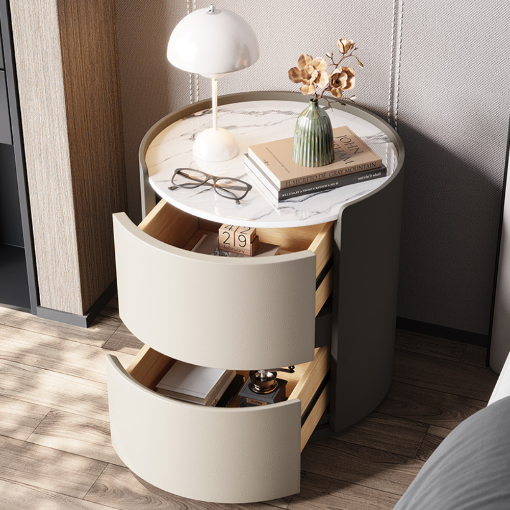 Japandi & Minimalist Style MarbleTop Round Two-Drawer Nightstand-1