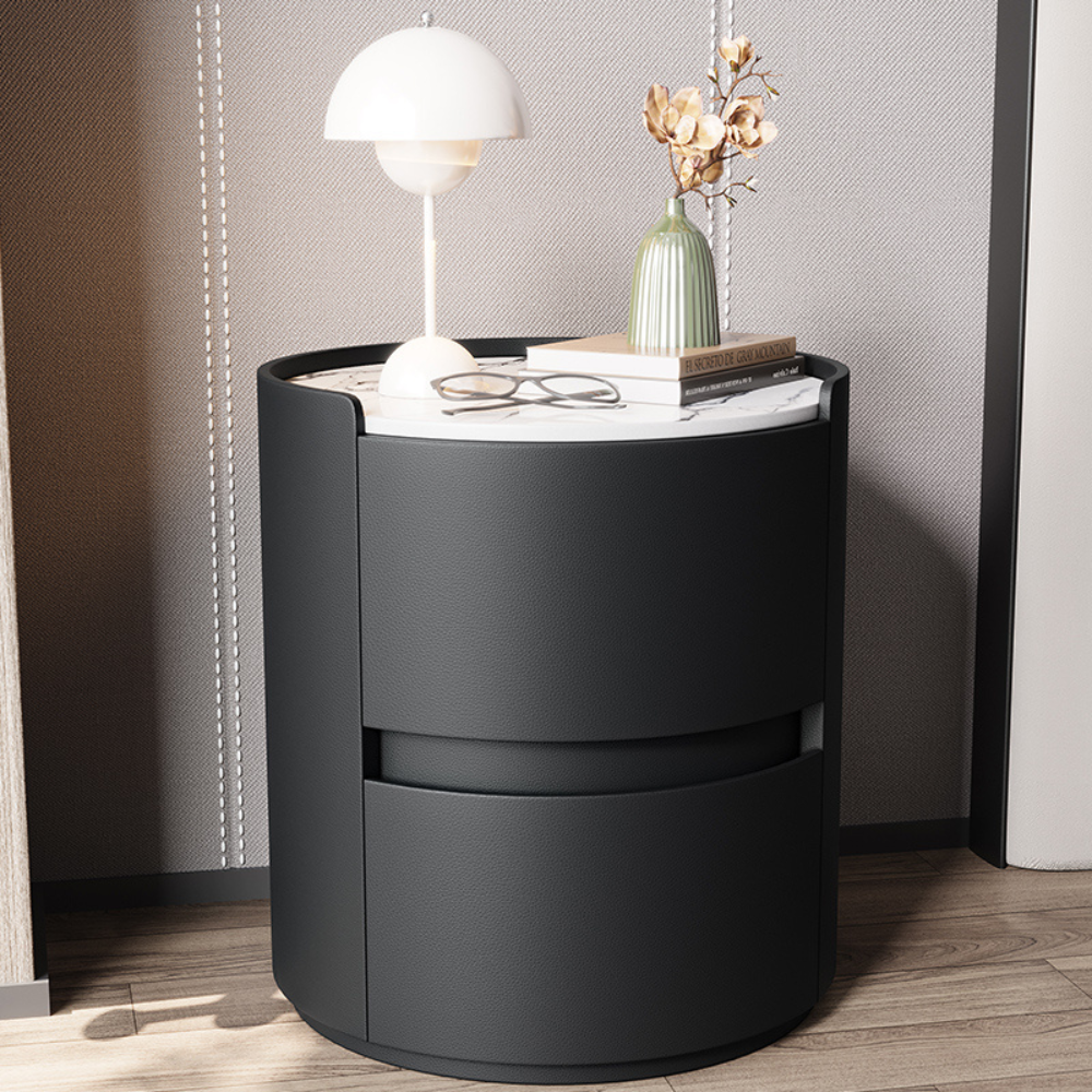 Japandi & Minimalist Style MarbleTop Round Two-Drawer Nightstand-4
