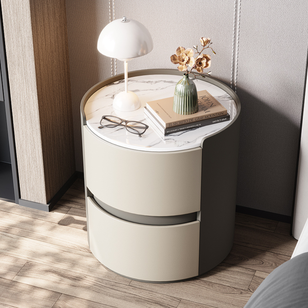 Japandi & Minimalist Style MarbleTop Round Two-Drawer Nightstand-6