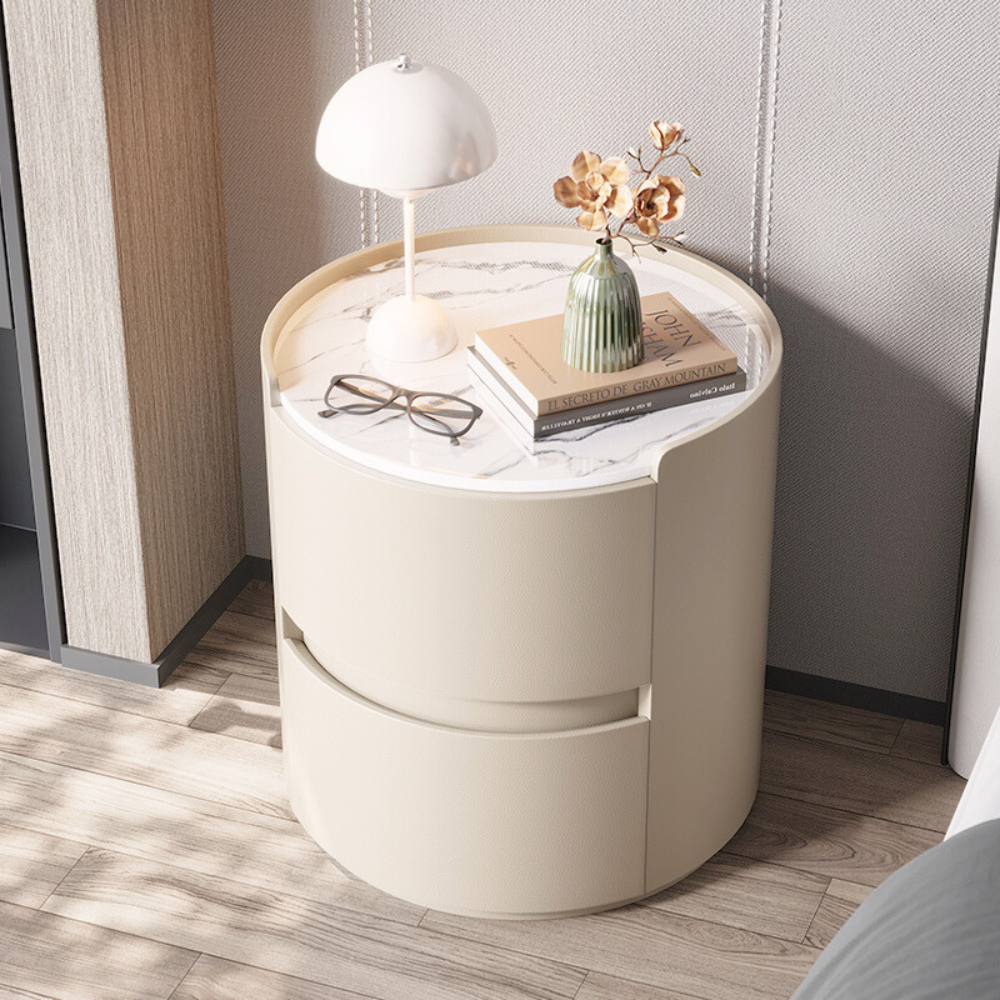 Japandi & Minimalist Style MarbleTop Round Two-Drawer Nightstand-5