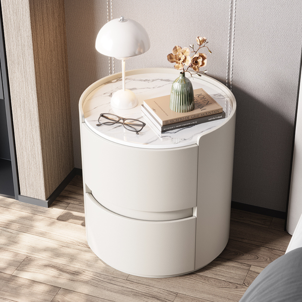 Japandi & Minimalist Style MarbleTop Round Two-Drawer Nightstand-7