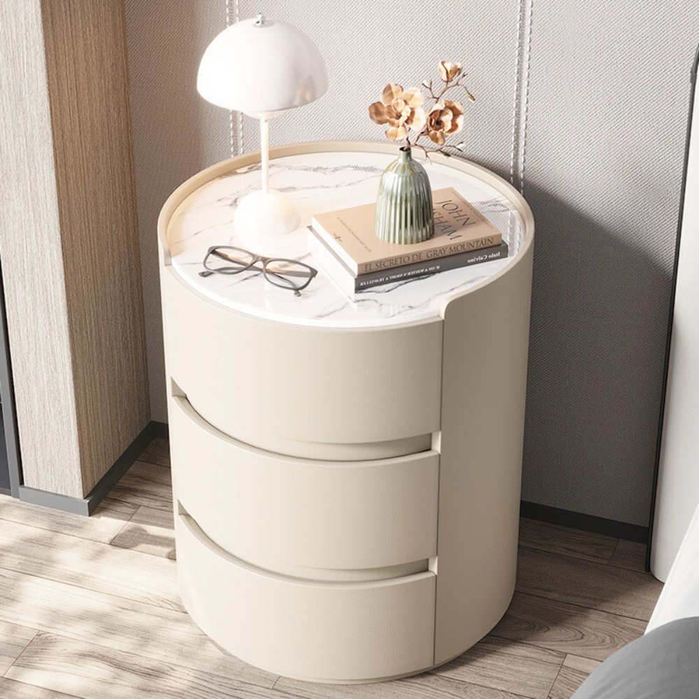 Japandi & Minimalist Style MarbleTop Round Three-Drawer Nightstand-3