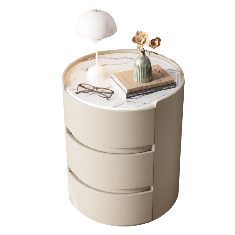 Japandi & Minimalist Style MarbleTop Round Three-Drawer Nightstand-8