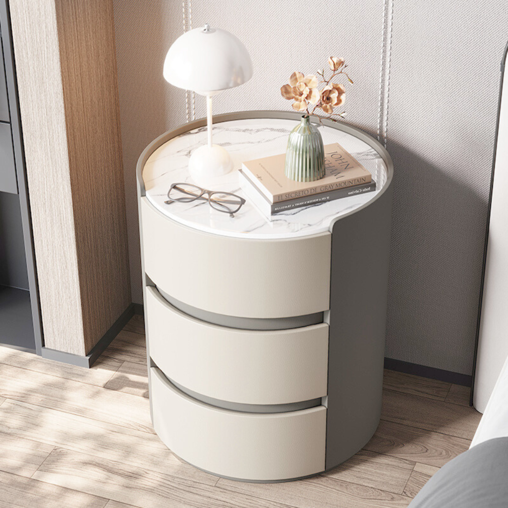 Japandi & Minimalist Style MarbleTop Round Three-Drawer Nightstand-4