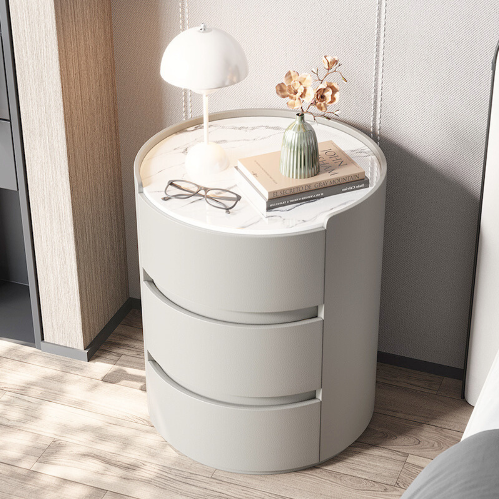 Japandi & Minimalist Style MarbleTop Round Three-Drawer Nightstand-5