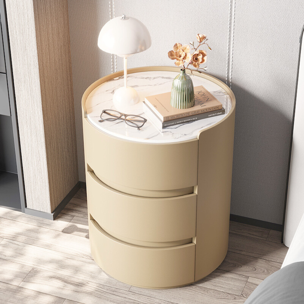 Japandi & Minimalist Style MarbleTop Round Three-Drawer Nightstand-6