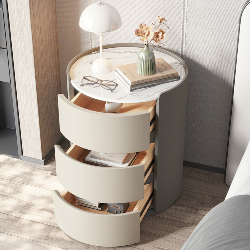 Japandi & Minimalist Style MarbleTop Round Three-Drawer Nightstand-1
