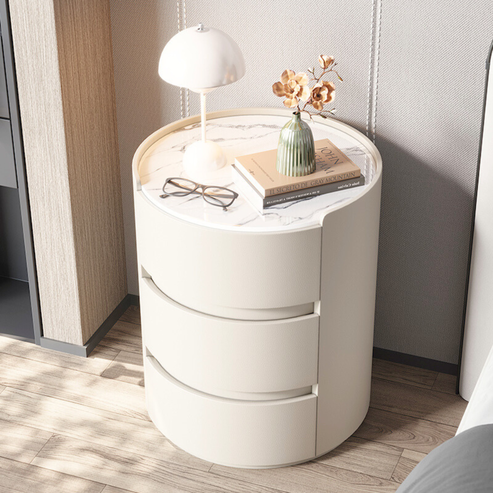 Japandi & Minimalist Style MarbleTop Round Three-Drawer Nightstand-7