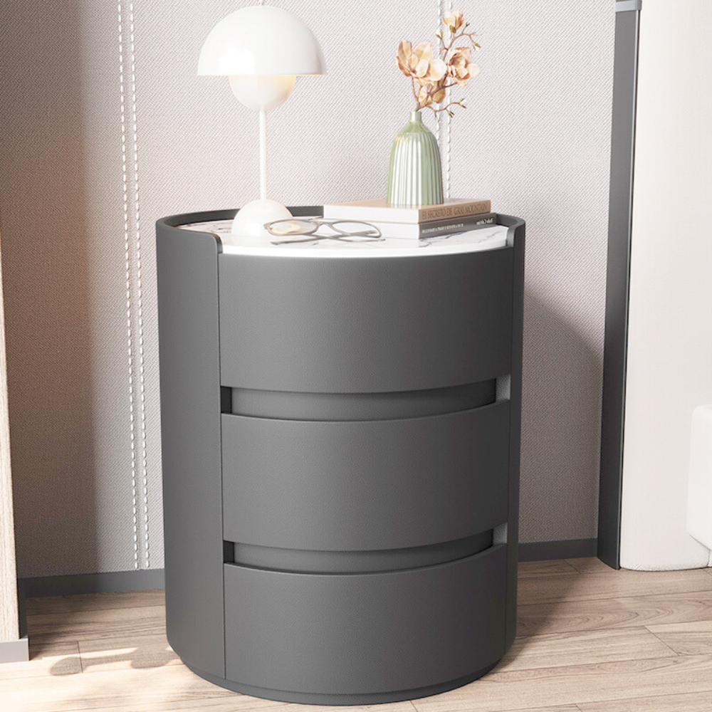 Japandi & Minimalist Style MarbleTop Round Three-Drawer Nightstand-2