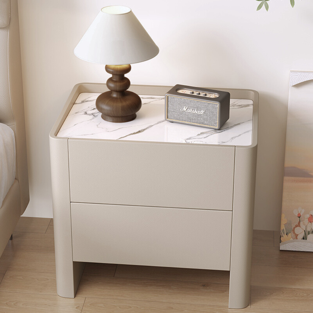 Cream Style White Marble-Top Rounded Nightstand-3