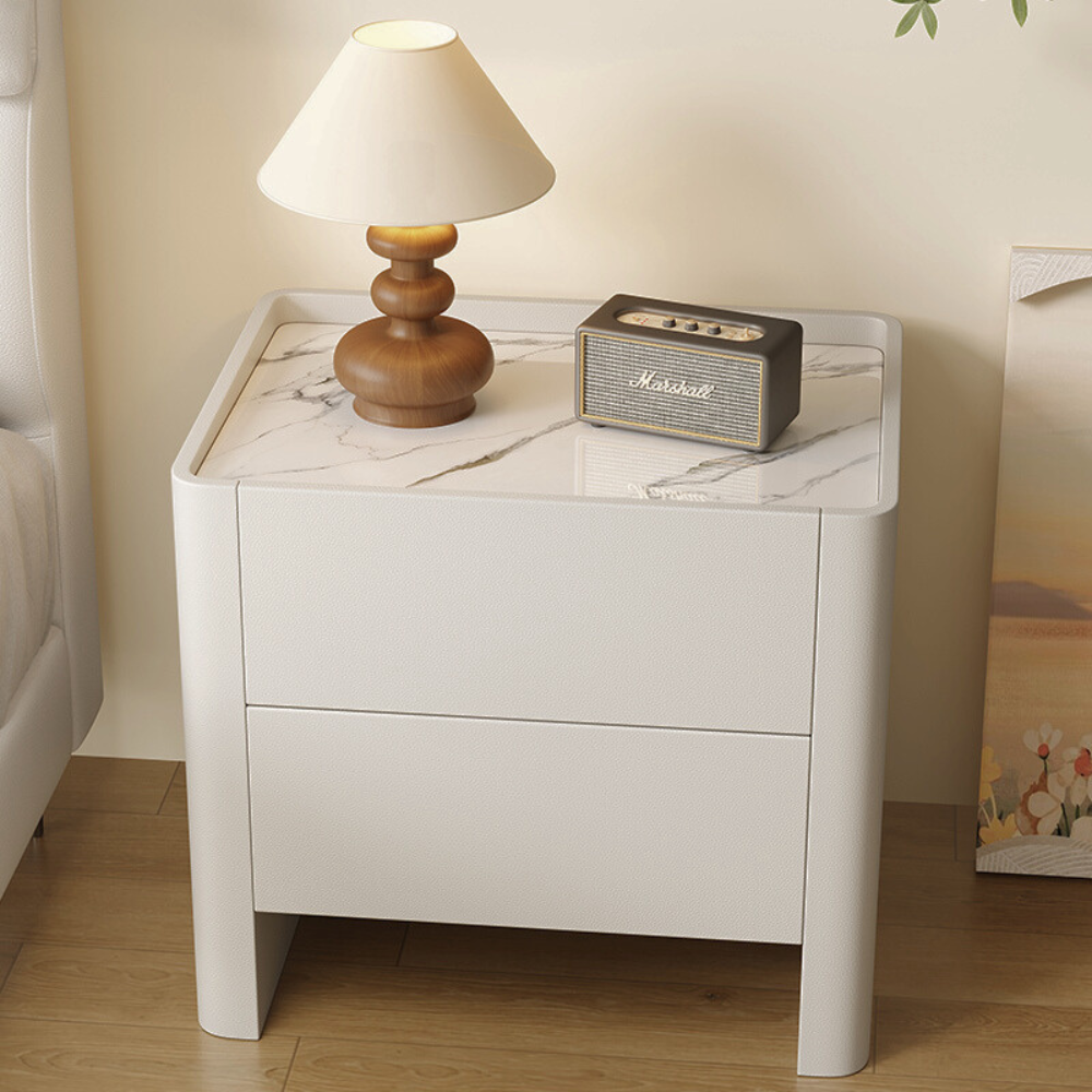 Cream Style White Marble-Top Rounded Nightstand-4
