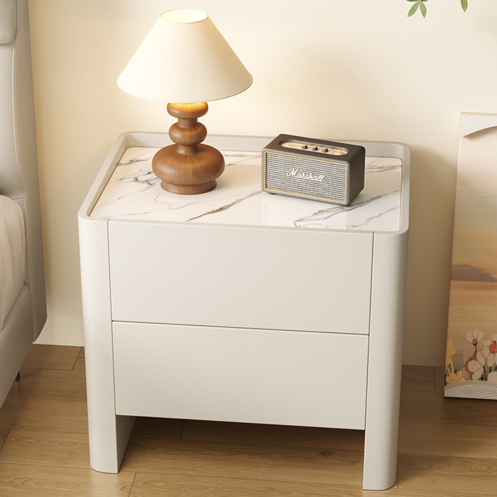 Cream Style White Marble-Top Rounded Nightstand-5