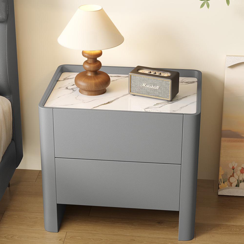 Cream Style White Marble-Top Rounded Nightstand-7