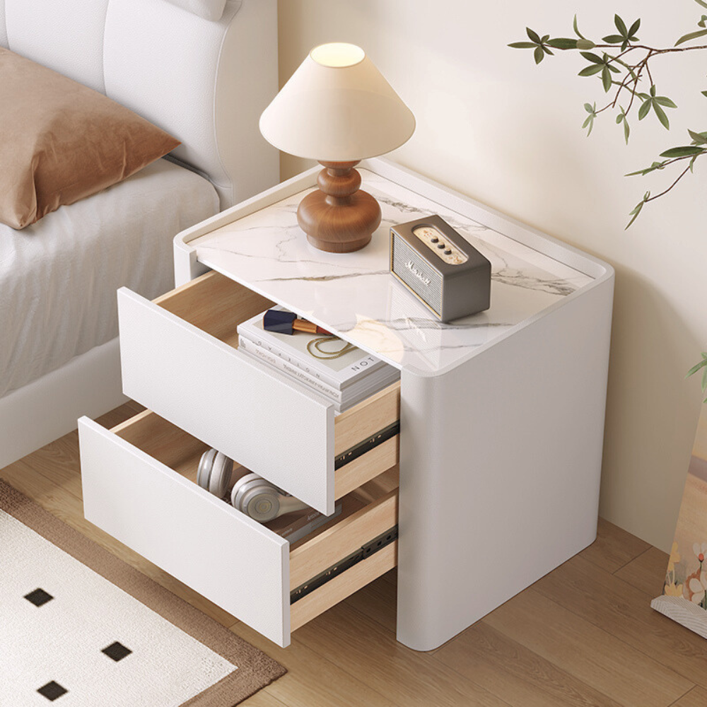 Cream Style White Marble-Top Rounded Nightstand-1