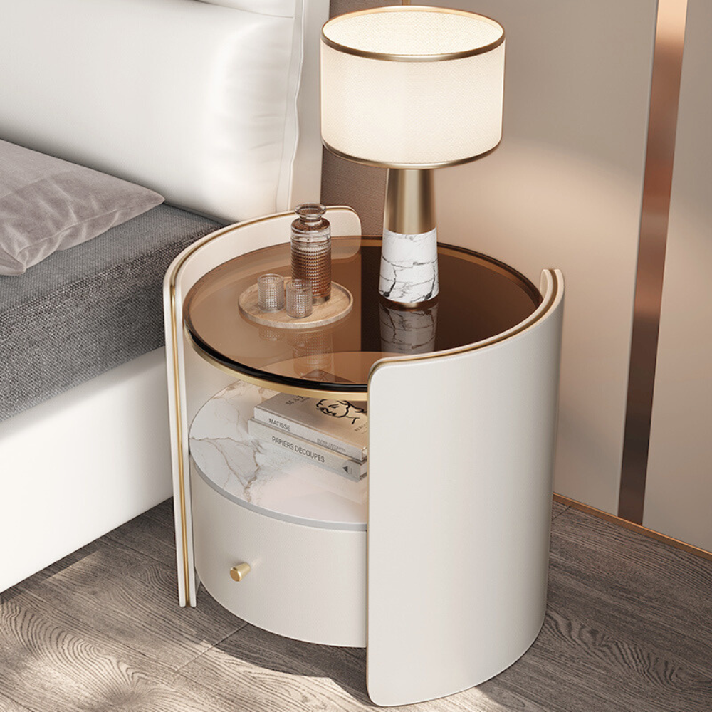 Urban Luxe & Cream Style Amber Glass Curved Nightstand-2