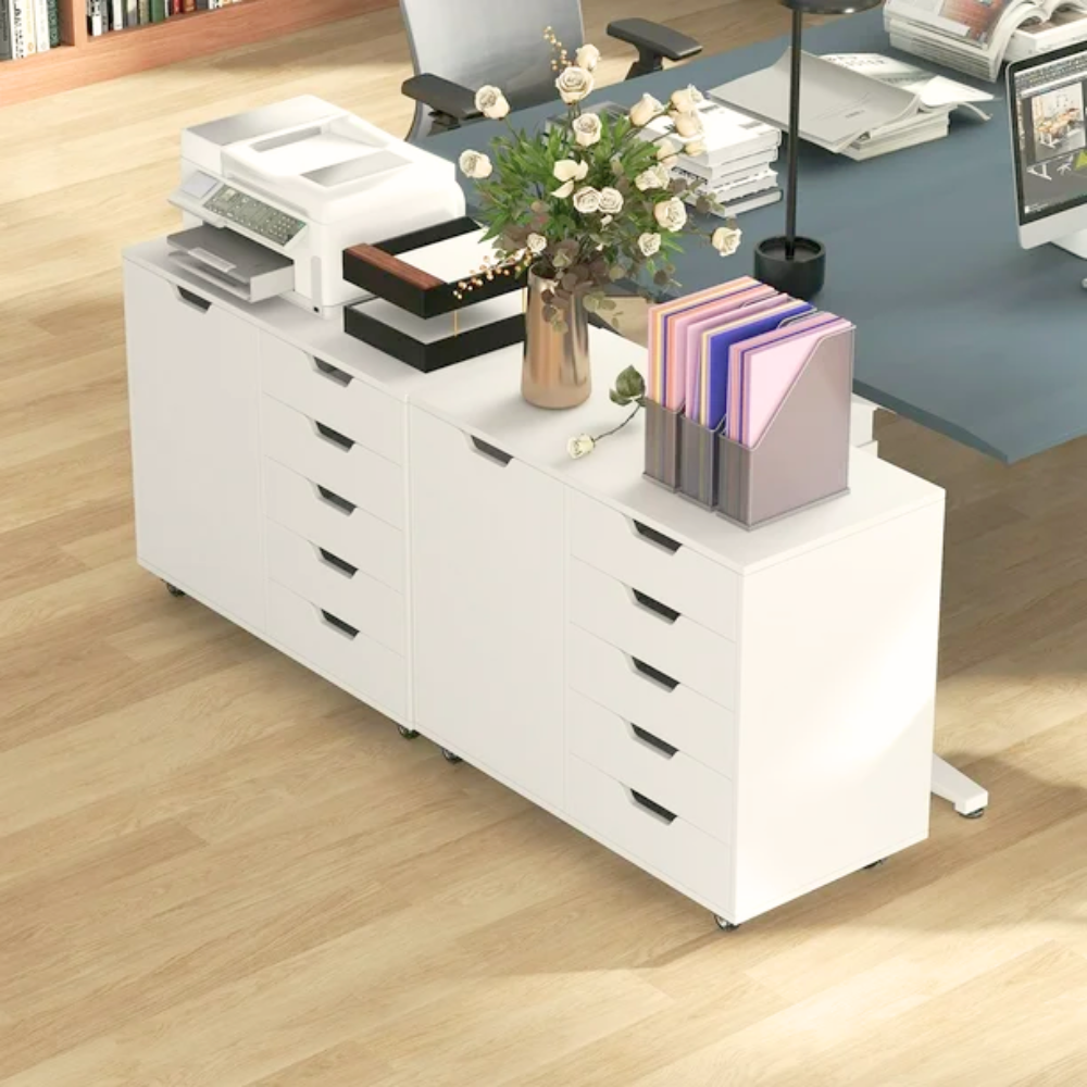 White 5-Drawer Storage Cabinet with Wheels and Door-2