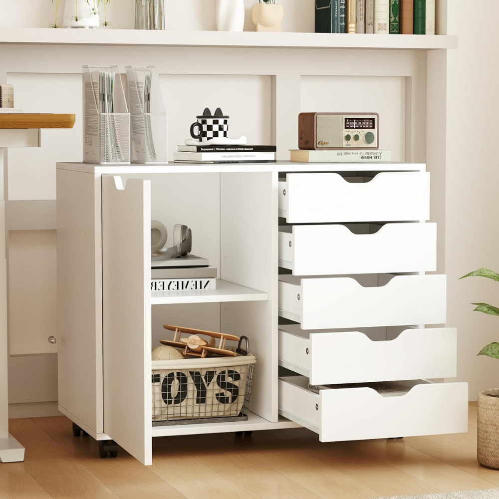 White 5-Drawer Storage Cabinet with Wheels and Door-1