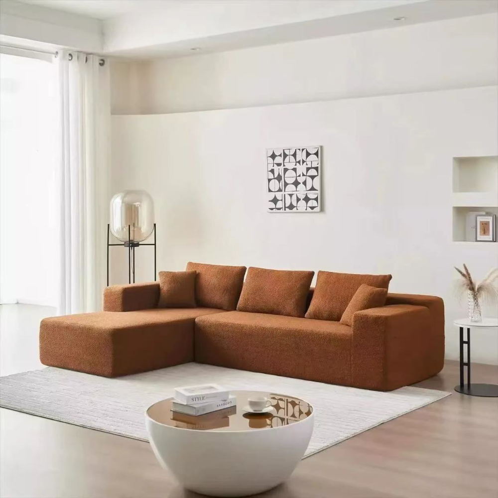 Modular compressed sofa in plush teddy or corduroy—vacuum‑packed single block or sectional layout, cozy and easy to transport for living room, studio or guest rooms.