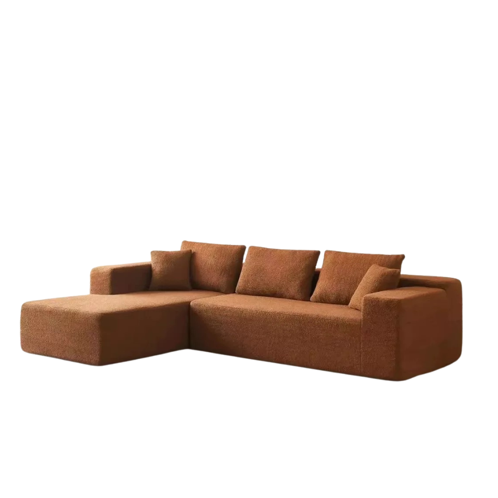 Modular compressed sofa in plush teddy or corduroy—vacuum‑packed single block or sectional layout, cozy and easy to transport for living room, studio or guest rooms.
