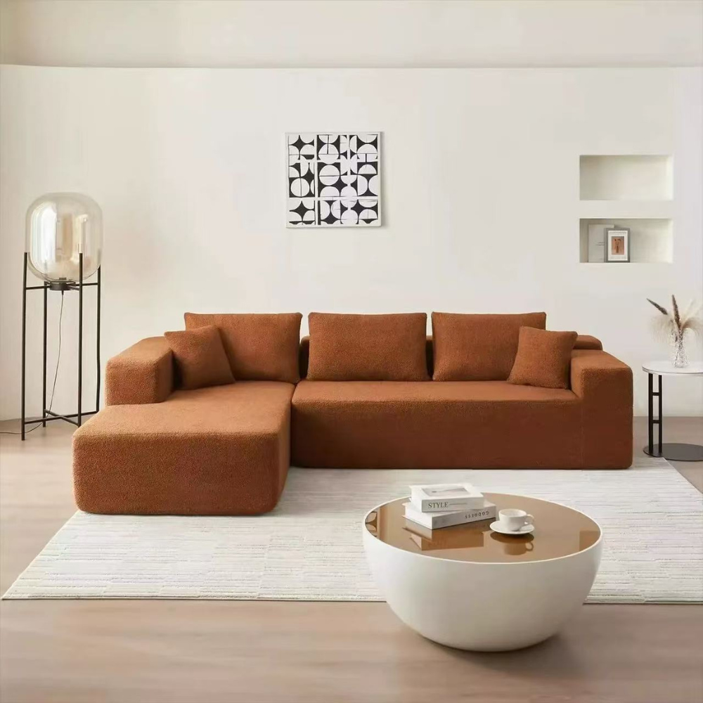 Modular compressed sofa in plush teddy or corduroy—vacuum‑packed single block or sectional layout, cozy and easy to transport for living room, studio or guest rooms.