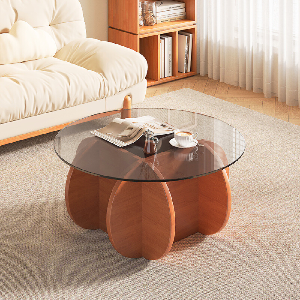 Petal-Shaped Wood Base Round Glass Coffee Table-1