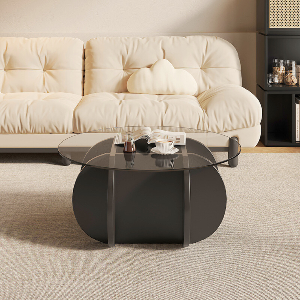 Petal-Shaped Wood Base Round Glass Coffee Table-2