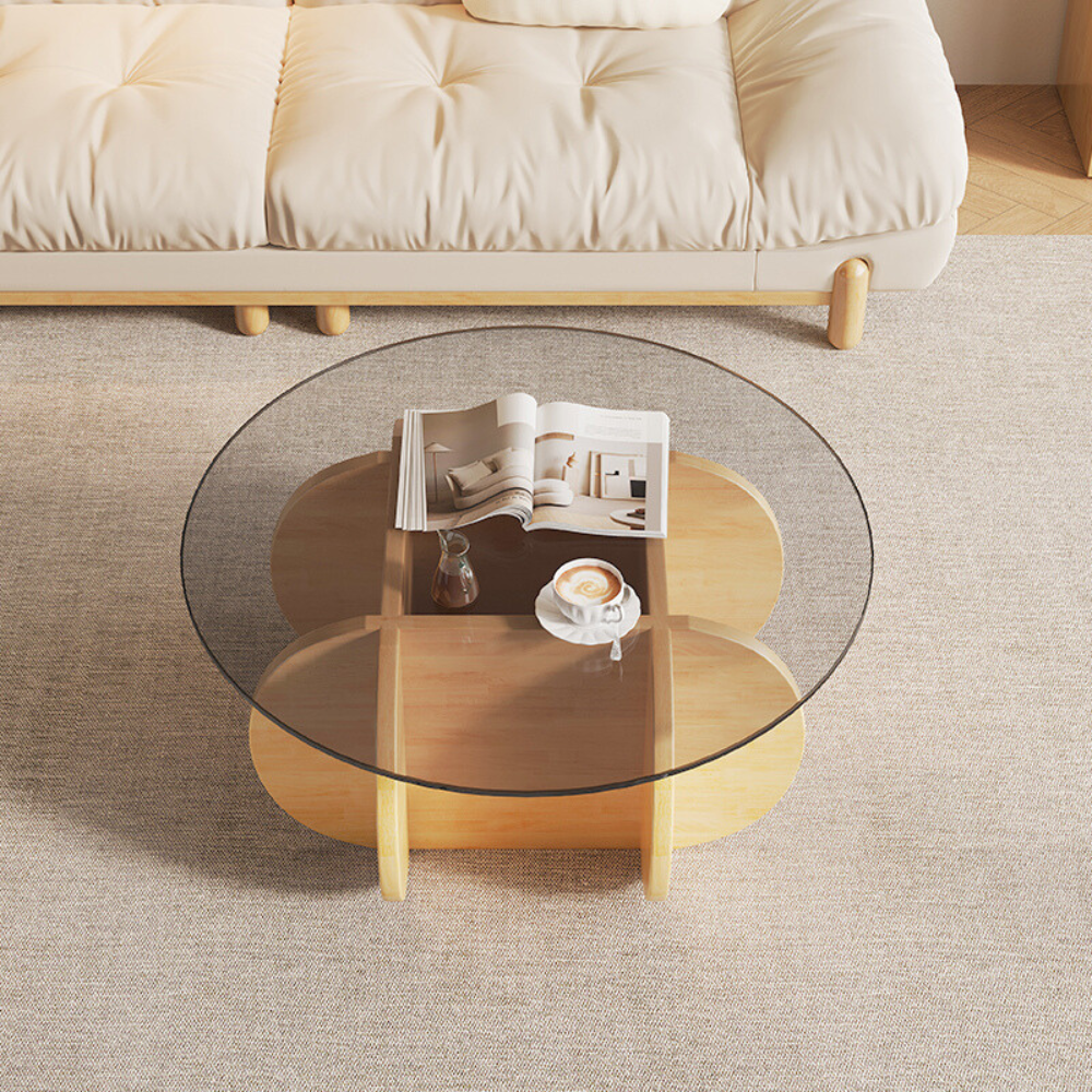 Petal-Shaped Wood Base Round Glass Coffee Table-3