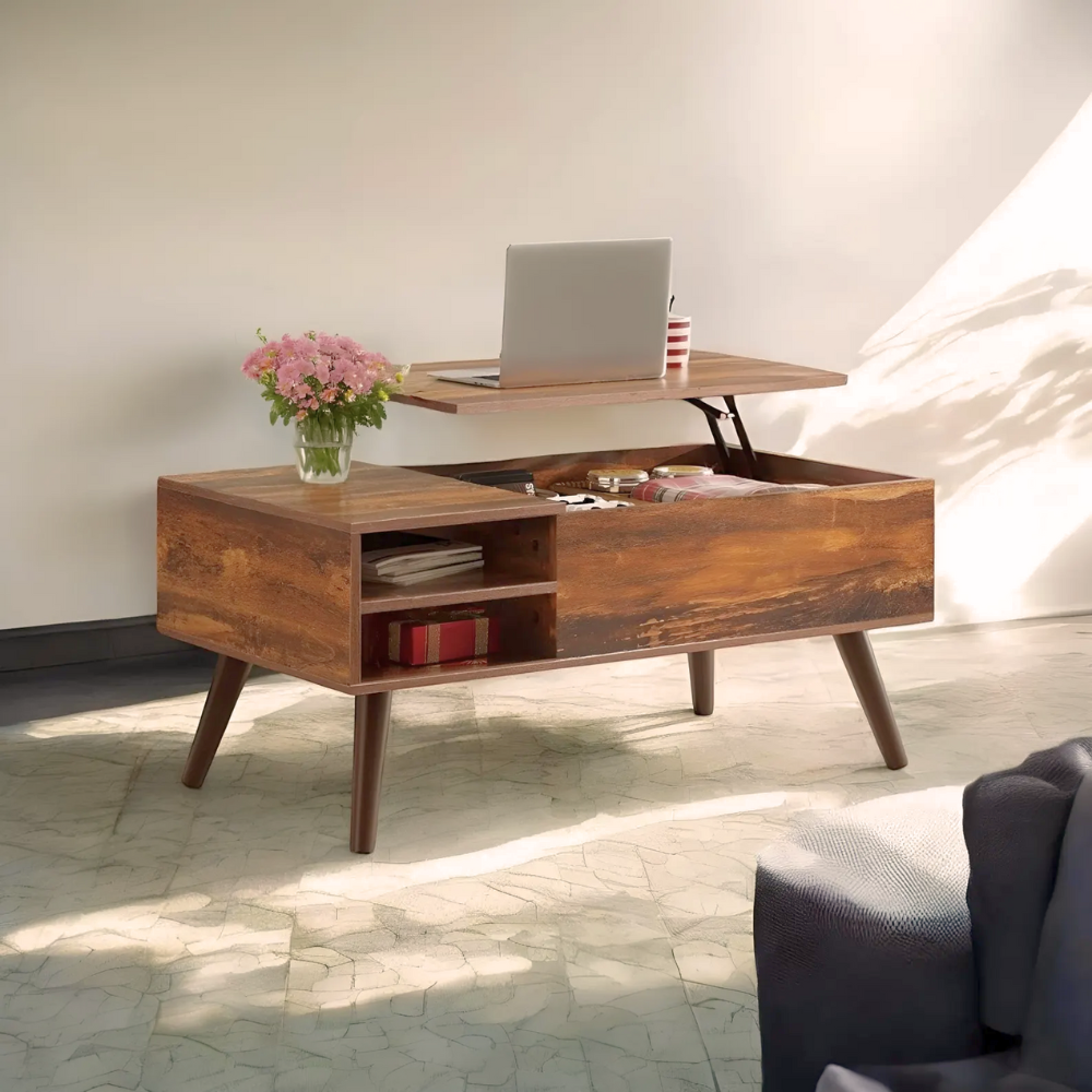 Vintage Lift-Top Coffee Table with Open Storage and Compartments-3