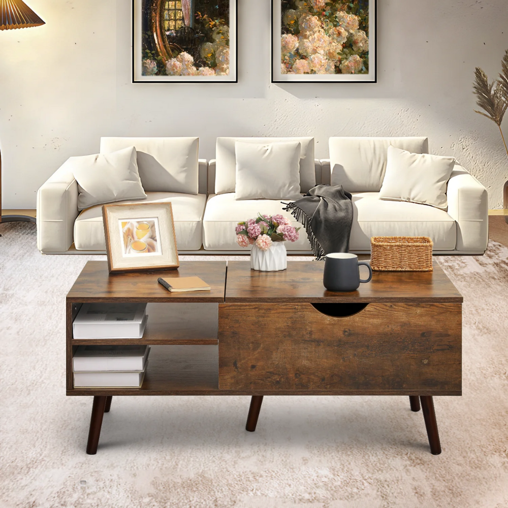 Vintage Lift-Top Coffee Table with Open Storage and Compartments-2