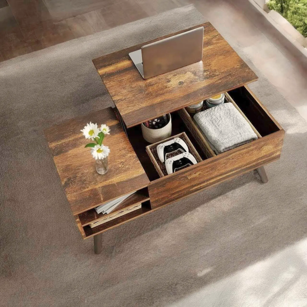 Vintage Lift-Top Coffee Table with Open Storage and Compartments-4
