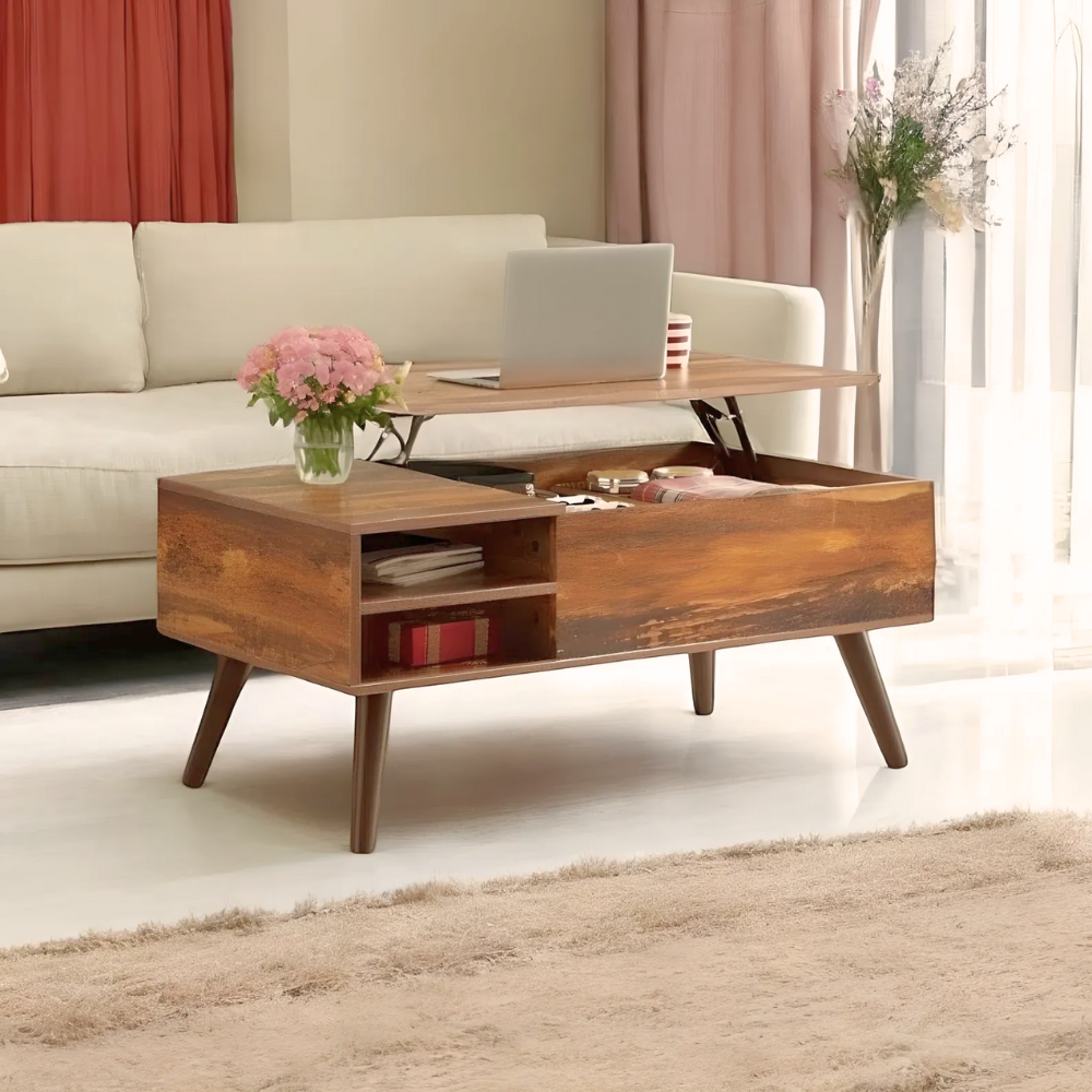 Vintage Lift-Top Coffee Table with Open Storage and Compartments-5