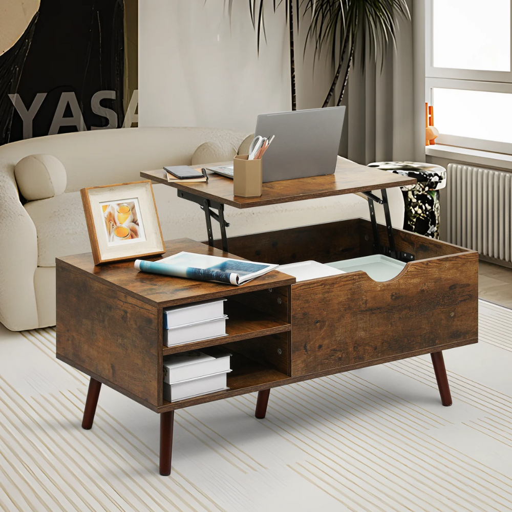 Vintage Lift-Top Coffee Table with Open Storage and Compartments-6