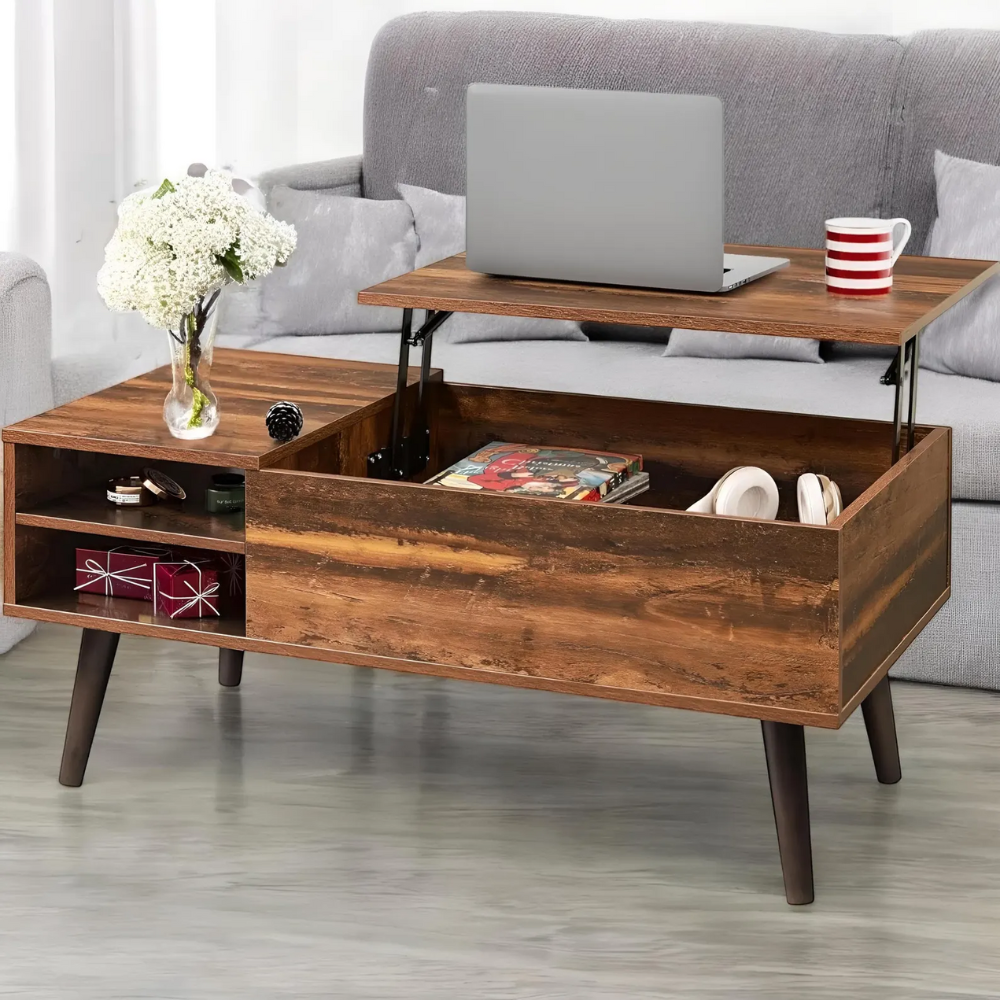 Vintage Lift-Top Coffee Table with Open Storage and Compartments-1